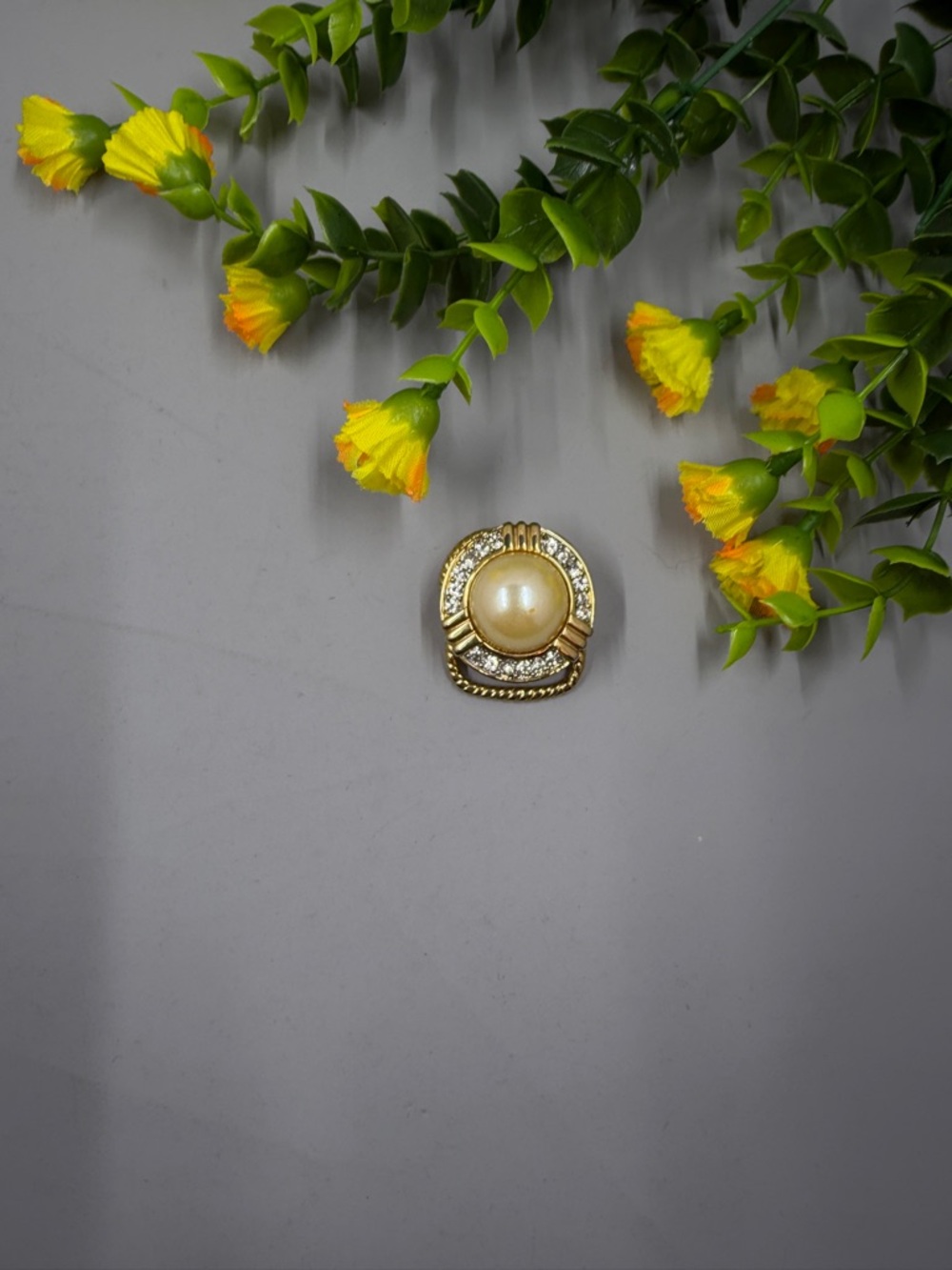 Gold Tone Pearl Button Scarf Clip with Genuine Crystal Accents